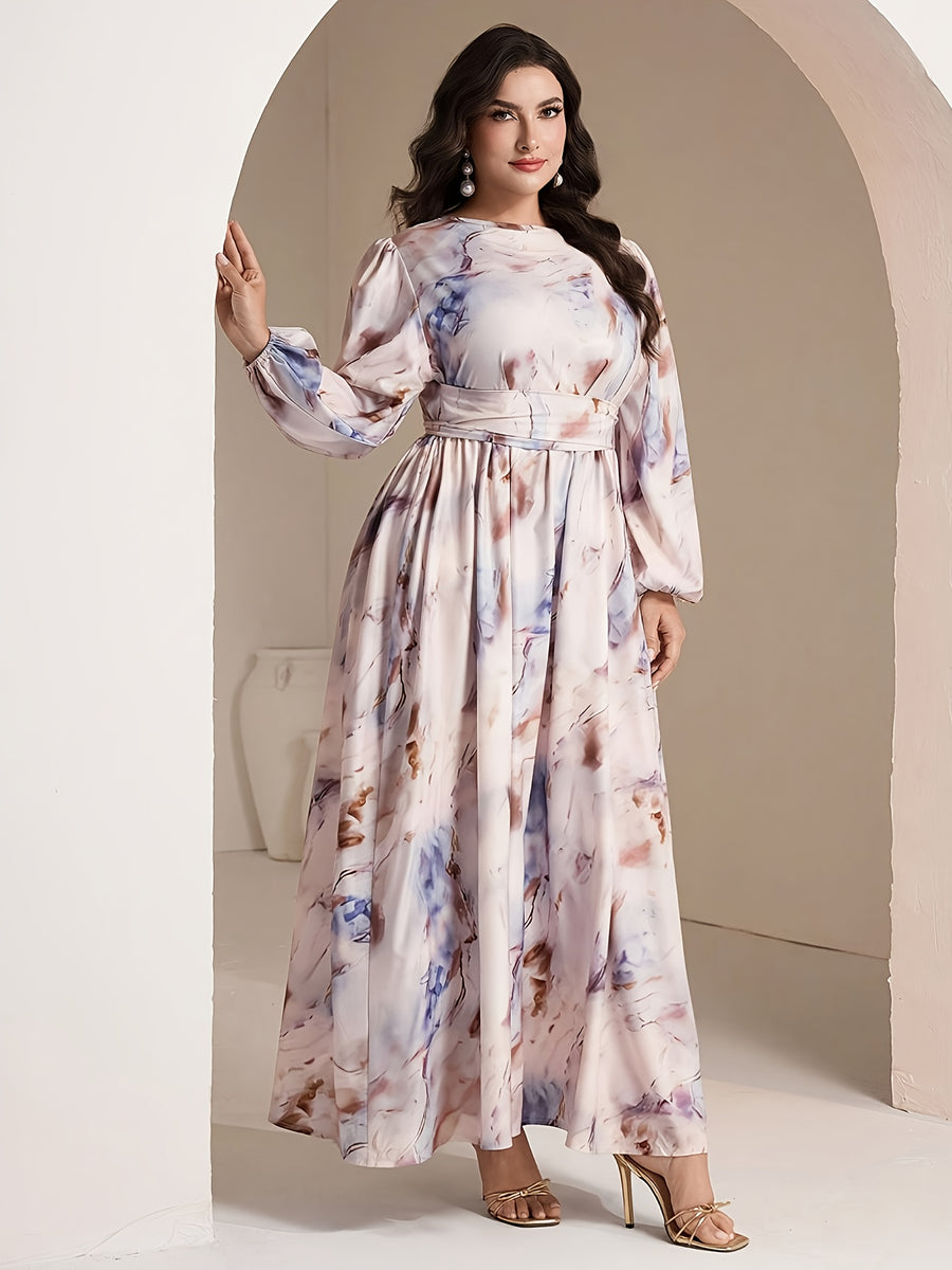 Plus Size, 2025 New Four Seasons Elegant Crinkle Floral Print Loose Fit Plus Size Dress - Multicolor