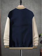 Black and Gray Color-block Baseball Jacket Featuring a "NY" Logo, a Classic Symbol of New York City Culture, Paired with Star Embellishments and the "Vandals" Text. "Vandals" Is Often Associated with Streetwear Style, Enhancing Individuality. - Tibetan White