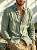 Single Piece Summer Men's Cotton and Cotton And Linen Blend Long Sleeved Shirt, 26 Year Fashionable and Simple Style, Loose Fit, Button up Cardigan Versatile Design, Soft and Breathable Fabric, Preferred for Daily Leisure Commuting - fern green