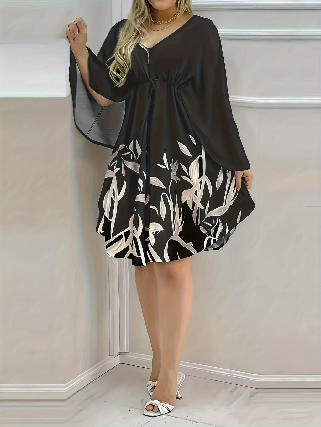 Spring And Summer New Women'S Hot Style Floral Print Tie-Up Vacation Casual Elegant Stylish V-Neck Dress - Black