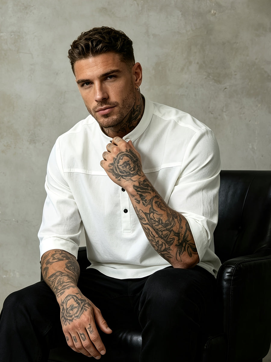 Summer Retro Stand Collar Three-Quarter Sleeve Shirt Men'S Casual Thin Solid Color Henley Collar Mid-Length Shirt - 10225-1899 White