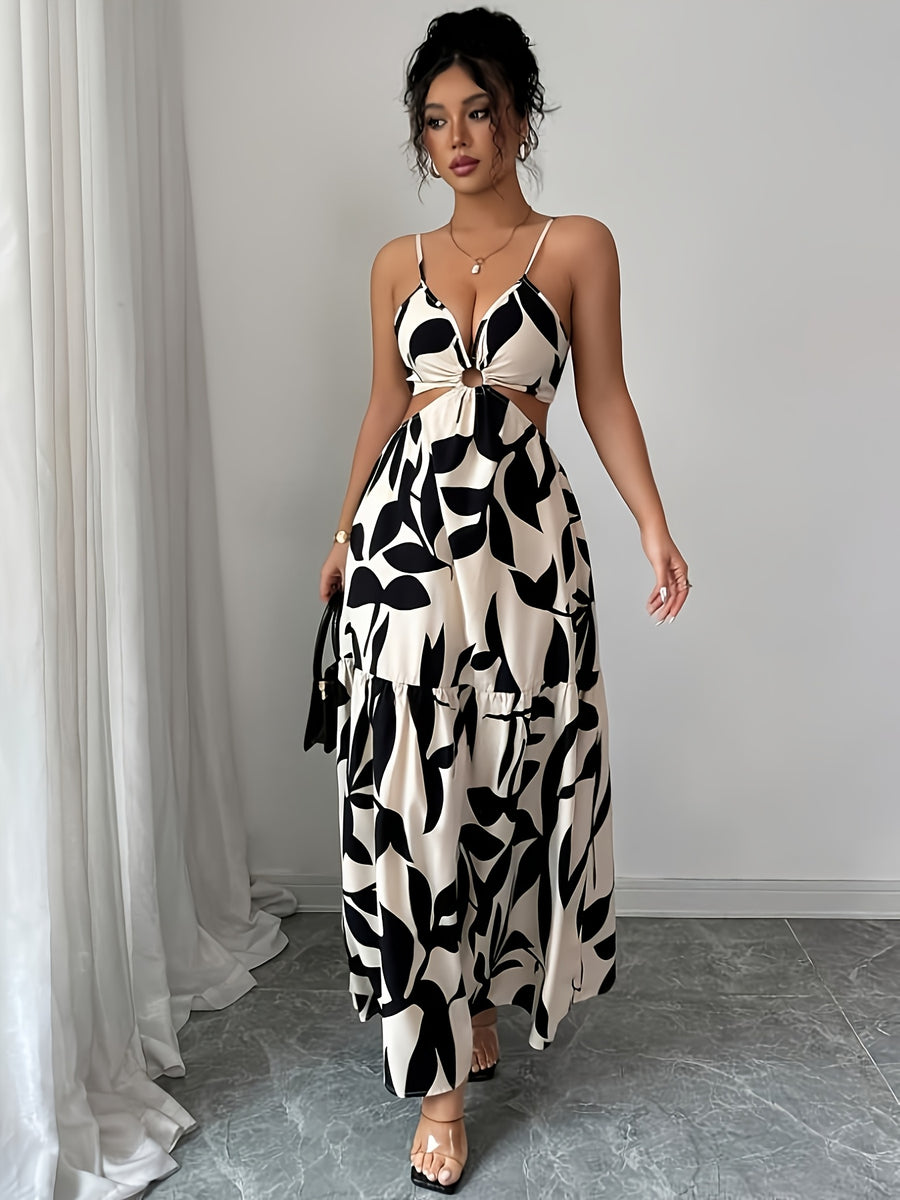 Women's Bohemian Maxi Dress with Adjustable Spaghetti Strap Sleeveless -Line Dress - Floral Print -Length Dress Suitable for Beach Weddings, Parties, Vacations, Machine Washable Round Hoop Hem Dress - Apricot