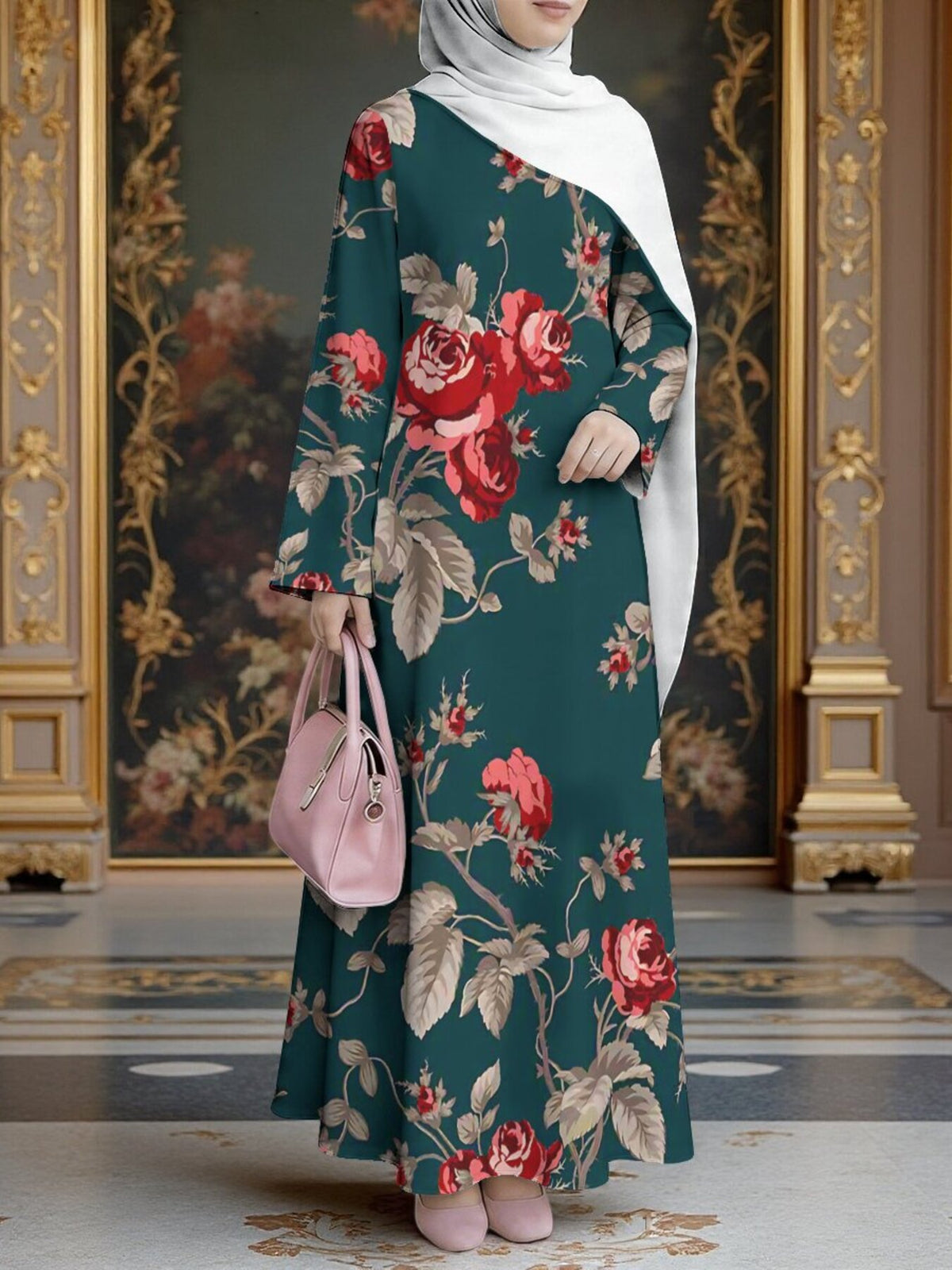 Women'S Hot Middle Eastern Style Muslim Elegant Robe, Dark Green Background with Vintage Red Roses All-Over Print, Loose A-Line Long Sleeve, for Festivals, Worship, Visiting Friends, Structured Smooth Non- Craft - Mixed colors
