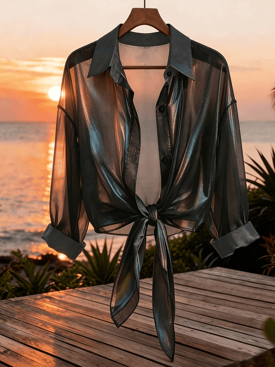Premium Iridescent Elegant Sheer Chiffon Tie-String Casual Vacation Beautiful Blouse (Women'S Style) - Black