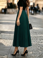 1pc Women's Skirt, Spring/autumn Solid Color Stretch Waist Sun Pleat A-line Skirt - Dark Green