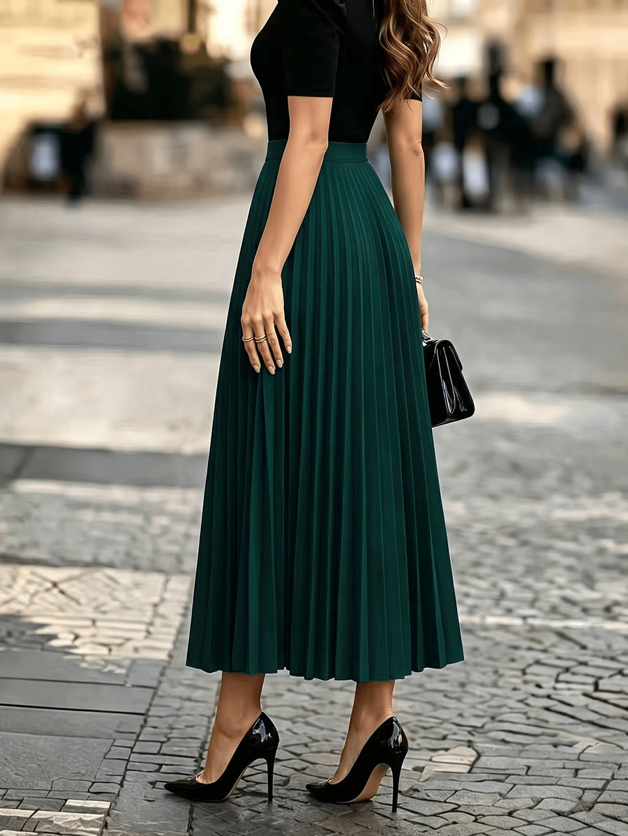 1pc Women's Skirt, Spring/autumn Solid Color Stretch Waist Sun Pleat A-line Skirt - Dark Green