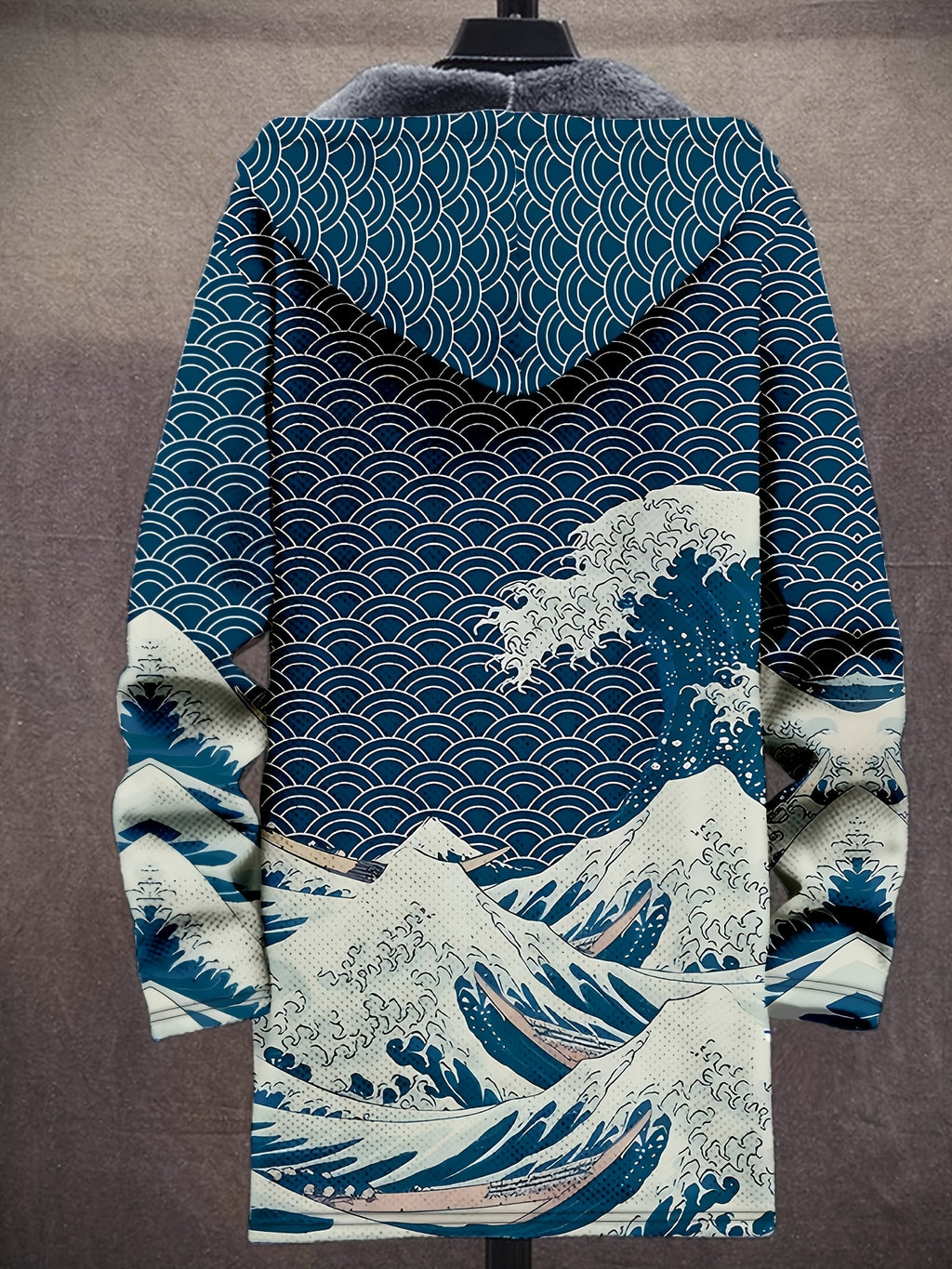 Vintage Japanese Art Wave Pattern Printed Fashion Men's Plush Thick Long-Sleeved Cardigan Coat Winter Warm Zipper Hooded Coat - Navy Color