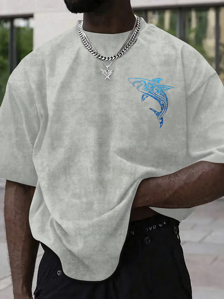 Men's American Tie-Dye Short Sleeve Street Style Shark Print Tie-Dye T-Shirt - Apricot Gray