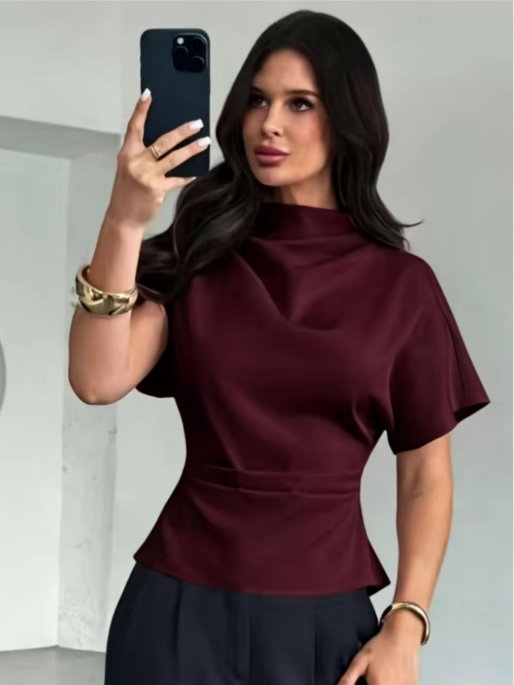 Asymmetrical Sleeve Side Ruched Waist Commuter Women'S Blouse, All-Season - Deep Red