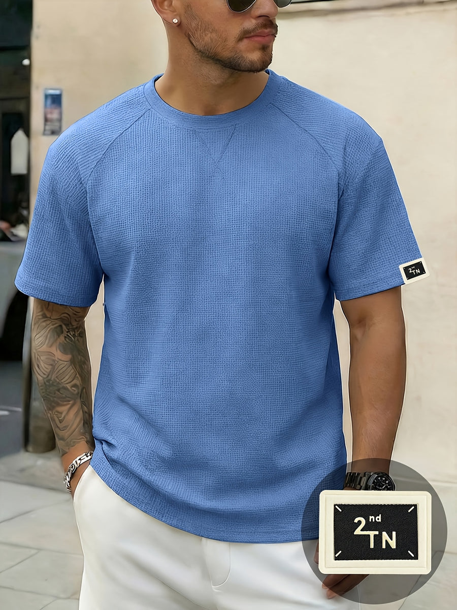 Men'S Waffle Knit Crew Neck T-Shirt, Lightweight And Breathable Short Sleeve Casual Tee with Premium Fashion Handcrafted Labeling. Comfortable Loose-Fit Summer Top Perfect for Daily Wear, Street Style, Vacations, Travel, Outdoor Activities - Sky Blue