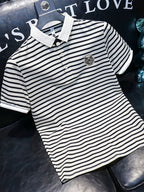 Men's POLO Shirt Short Sleeve T-Shirt Summer Striped Collared Lapel Fashion Streetwear Brand Cool Thin Casual Embroidered Top - White