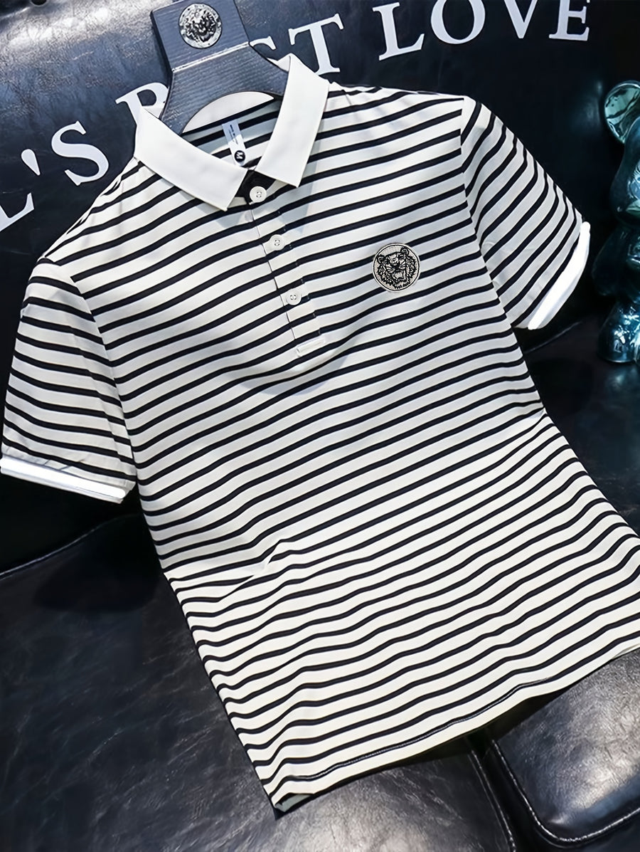 Men's POLO Shirt Short Sleeve T-Shirt Summer Striped Collared Lapel Fashion Streetwear Brand Cool Thin Casual Embroidered Top - White