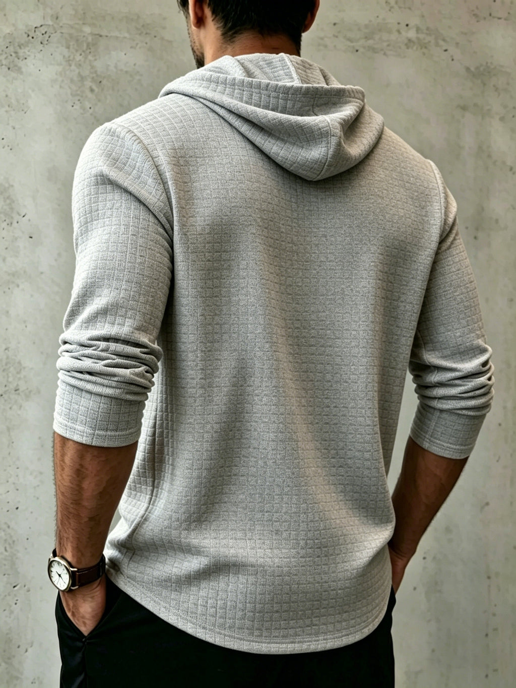 Men's Fashion Hoodie, Autumn/Winter Long-Sleeve Hooded Top, Niche Small Check Jacquard Comfortable Fabric, Solid Color Knit with Hood Craftsmanship, Stylish Men's Apparel, New Fabric Process Design, Suitable for Outdoor Leisure, Street Hiking Wear - Grey