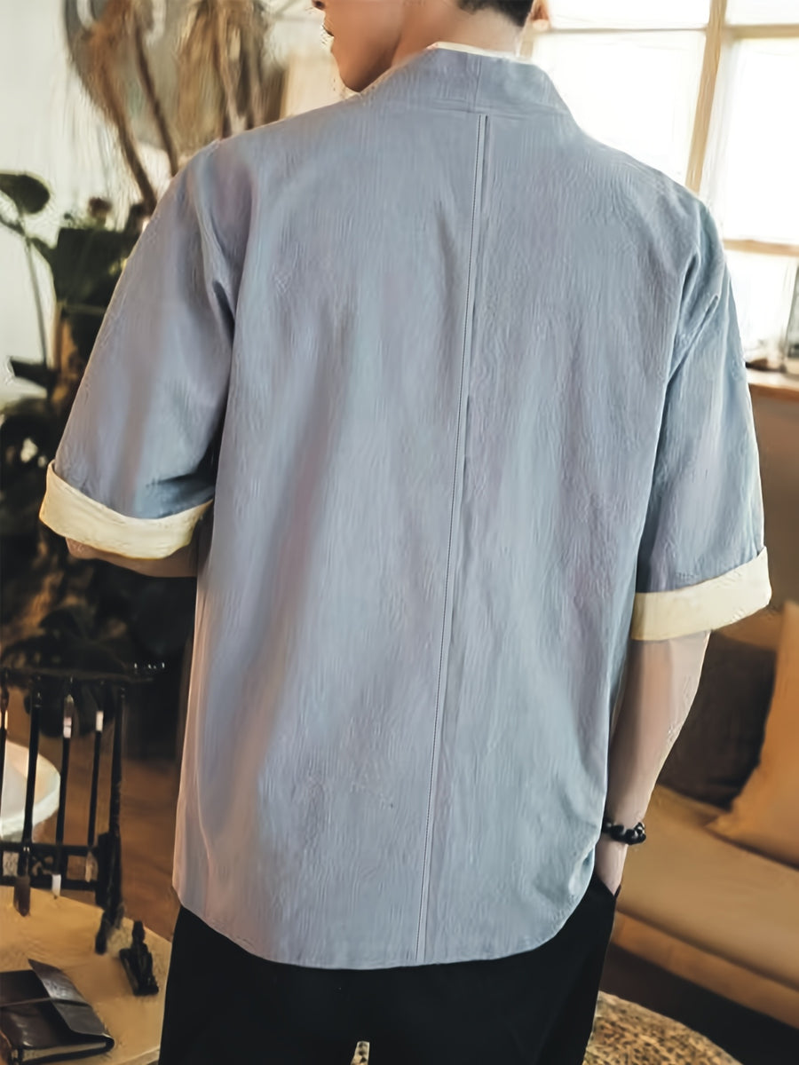 New Chinese Style Open Collar And Mid Sleeve Men'S Shirt with Easy One Grain Buckle, Comfortable Linen Blend Breathable Men'S T-Shirt, Casual Shirt - Grey