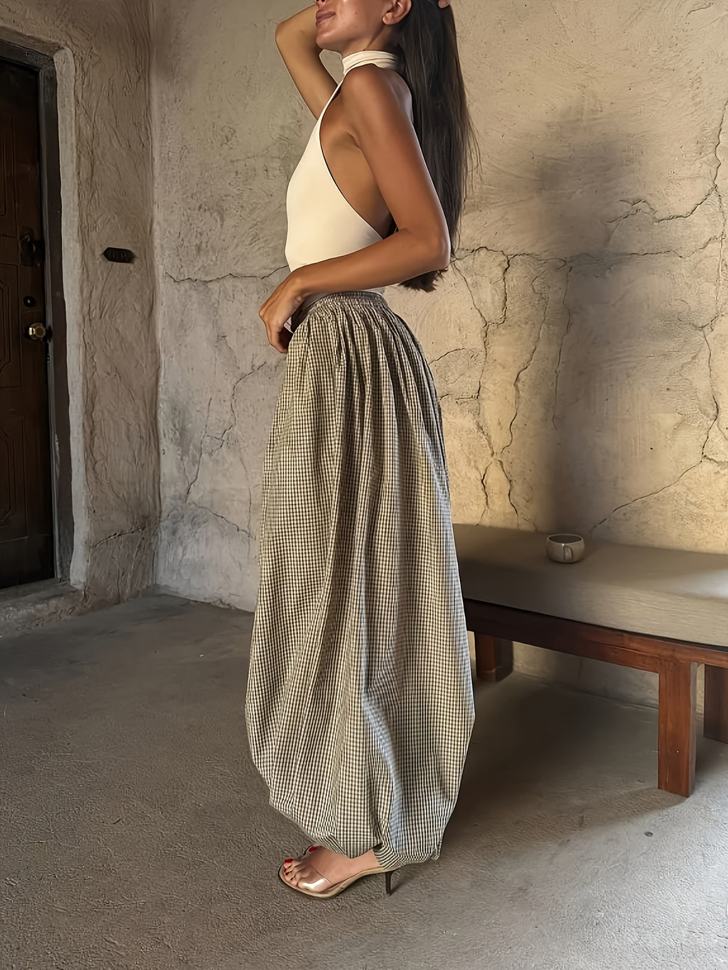 WY1020057 Women's Fashion Casual Oversized Wide-Leg Lantern Plaid Pants with Side Pockets and Elastic Waistband - Mixed colors