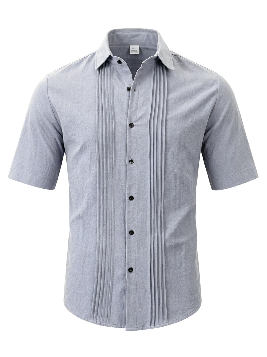 Men's Solid Color Button-Up Lapel Collar Short Sleeve Shirt - Breathable Textured Linen Button-Front Collar Shirt Suitable for Beach, Casual & -Casual Wear, Summer Office Outfits - Non-Stretch Button Collar - Light Grey