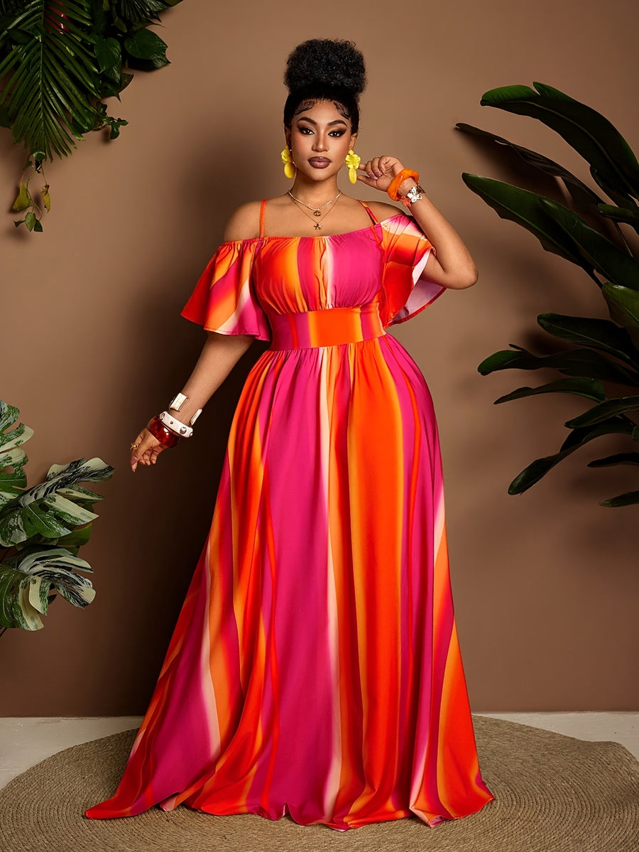 Plus Size Women'S Printed New Spring Summer Off-Shoulder Long Dress - Red
