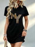 Printed Design Not Textured, Casual Women Dress, NY Letter Print, Summer Beach Vacation, Gift for Girlfriend Wife - Black