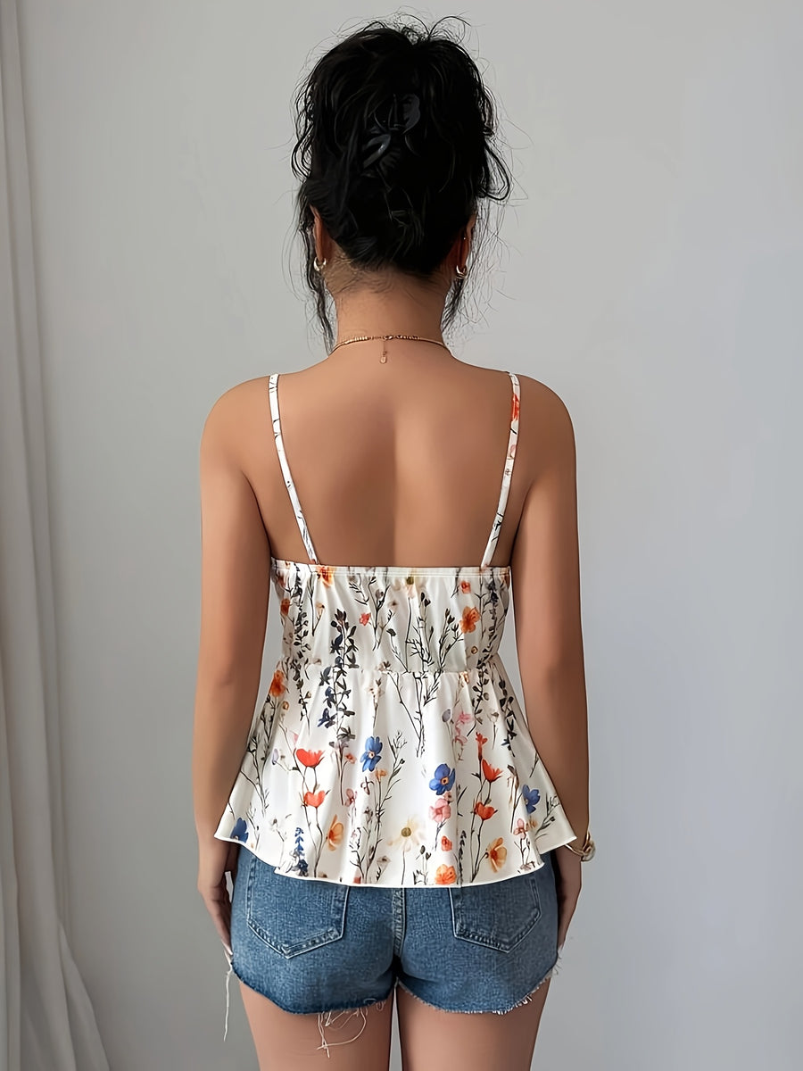 Women'S Elegant Summer Floral Print Square Neck Waist-Cinching A-Line Vest Dress, Sexy Summer Top, Floral Print Vest, Fashionable Elegant Vacation Style Casual Wear - Mixed colors