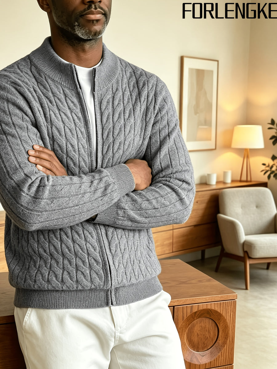 FORLENGKE Men'S Solid Color Stand Collar Cable Knit Zip Cardigan, Autumn And Winter Vintage Braided Texture Sweater, Casual Regular Fit, Suitable for Commuting And Traveling, Versatile Men'S Knit Jacket Available in Multiple Colors - Grey