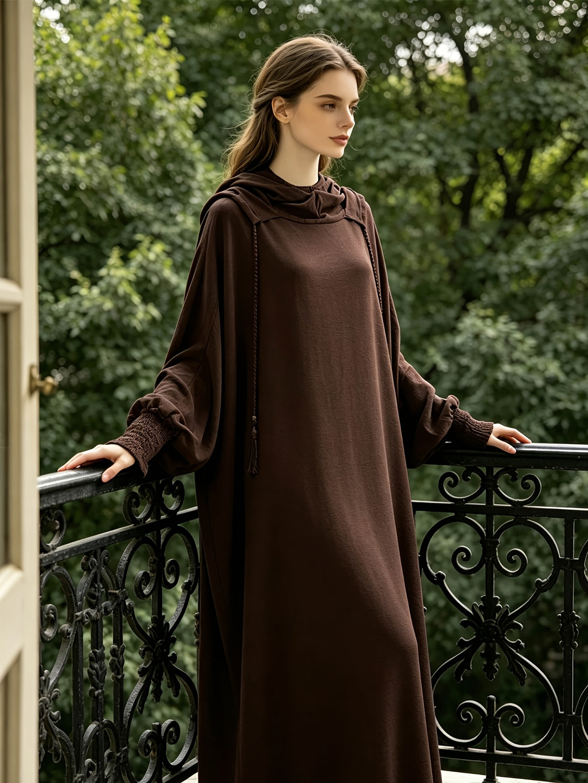 Plus Size - 1pc Women'S Hooded Double-Layer Abaya Dress, Casual Loose Breathable Prayer Robe, Suitable for Daily Wear Or Gifting - Coffee Color