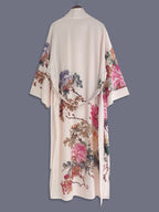 Japanese-style Rose Print Mid-length Three-quarter Sleeve Kimono Cardigan, Lightweight Outerwear for Women, Elegant European and American Ethnic-inspired Streetwear Casual Cover-up, Beach Vacation Travel Uchikake-style Thin Cape Coat, Home Yukata - Pink Color