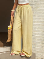 Solid Color Wide-Leg Pants, Breathable Thin Straight-Leg Casual Trousers, Loose-Fitting Women's Pants (with Text) - 【Light Yellow】