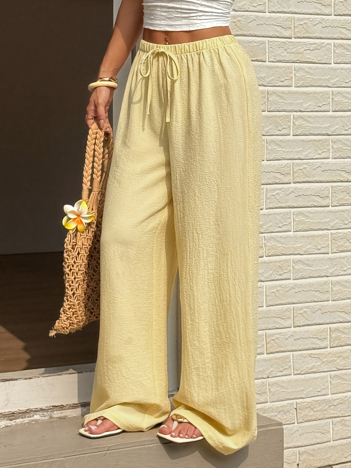 Solid Color Wide-Leg Pants, Breathable Thin Straight-Leg Casual Trousers, Loose-Fitting Women's Pants (with Text) - 【Light Yellow】