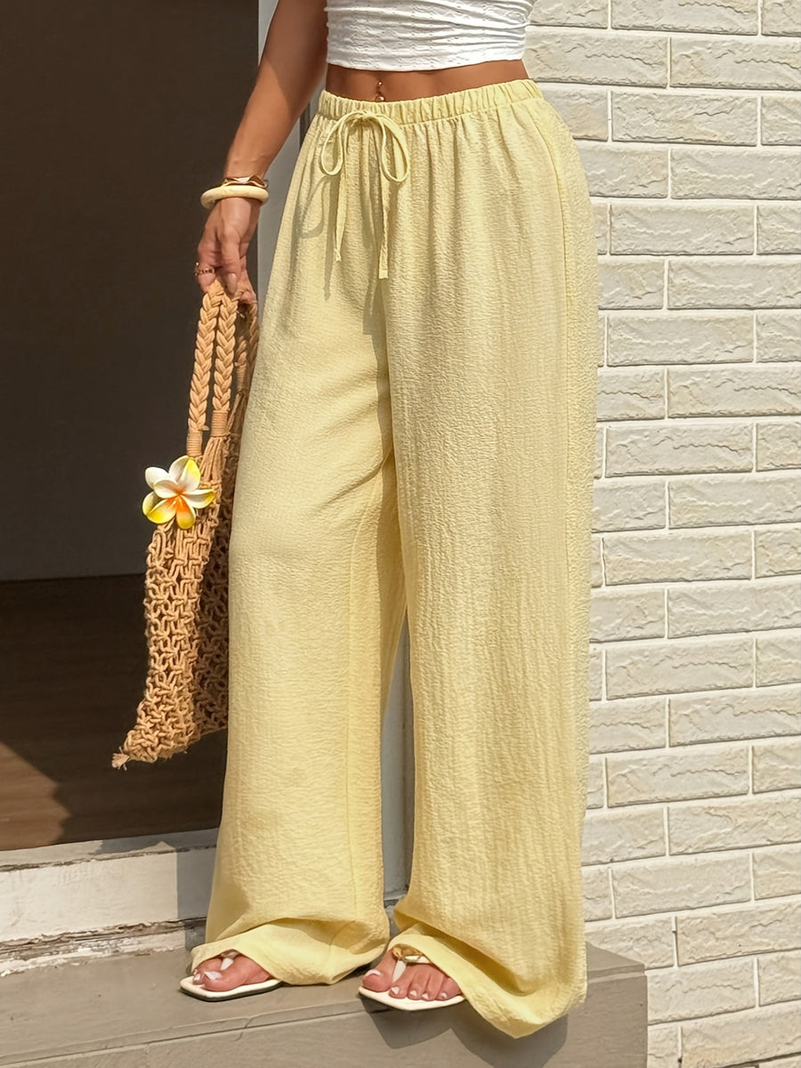Solid Color Wide-Leg Pants, Breathable Thin Straight-Leg Casual Trousers, Loose-Fitting Women's Pants (with Text) - 【Light Yellow】