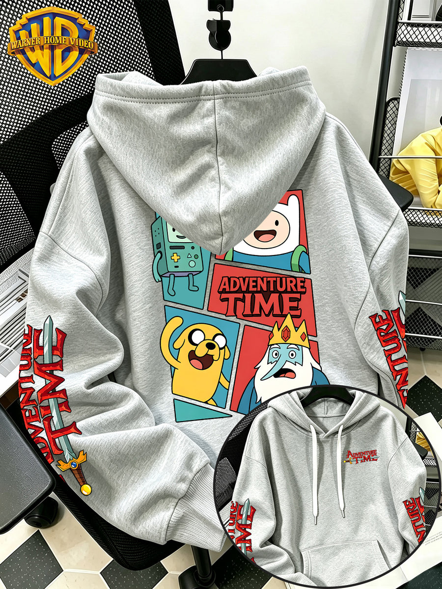 Adventure Time 4-Panel Comic Cartoon Pattern Print Hooded Sweatshirt - Men'S Casual All-Match Pullover, Comfortable Autumn/Winter Wear, for Sports, Outdoors, Picnics, Travel, Daily/Commute/Home Choice, Perfect Gift for Lovers And Friends - Unisex - Light Grey