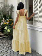Women's Spring/Summer Lace-Up Striped Patchwork Dress Z91 - Yellow
