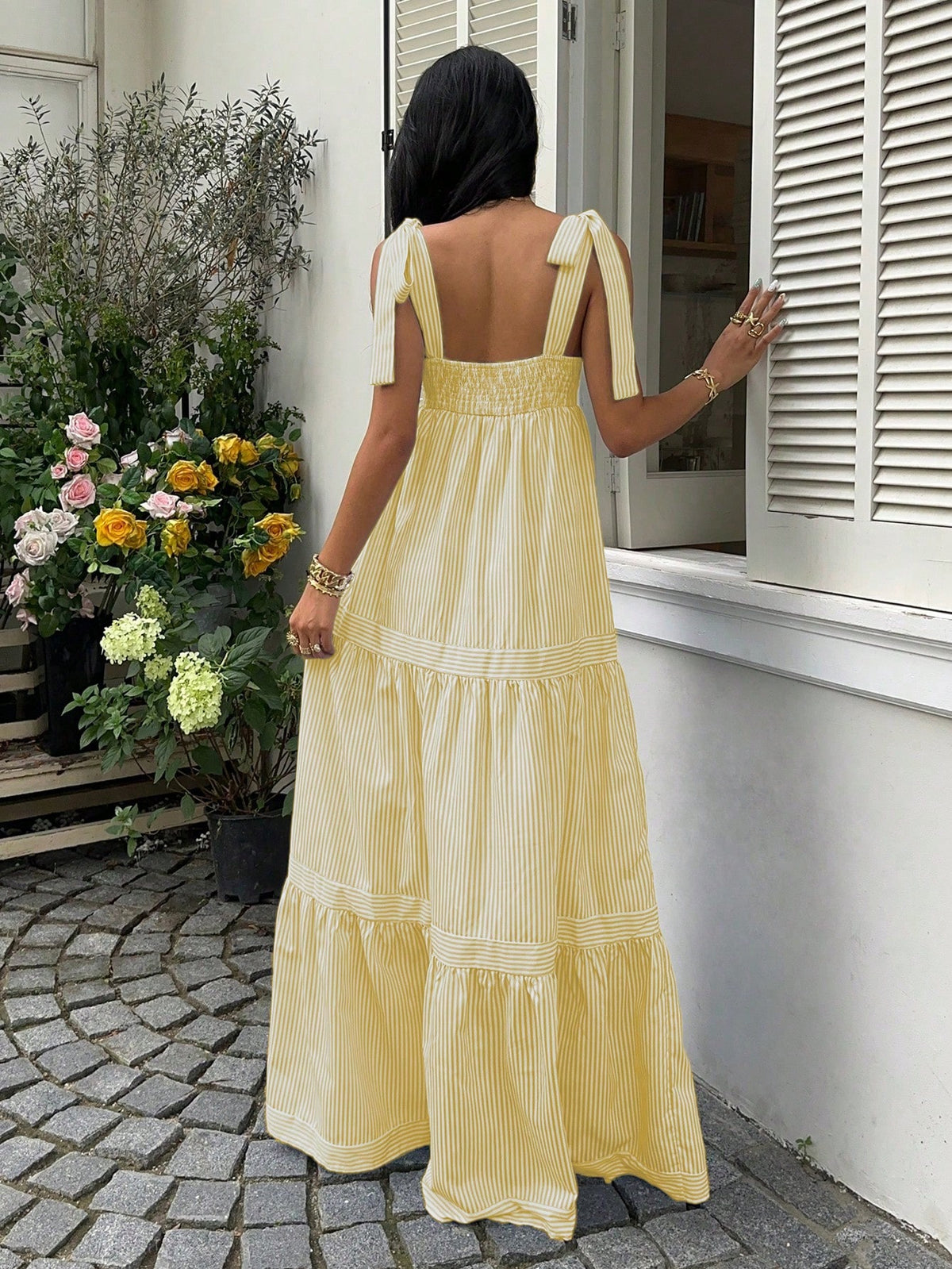 Women's Spring/Summer Lace-Up Striped Patchwork Dress Z91 - Yellow