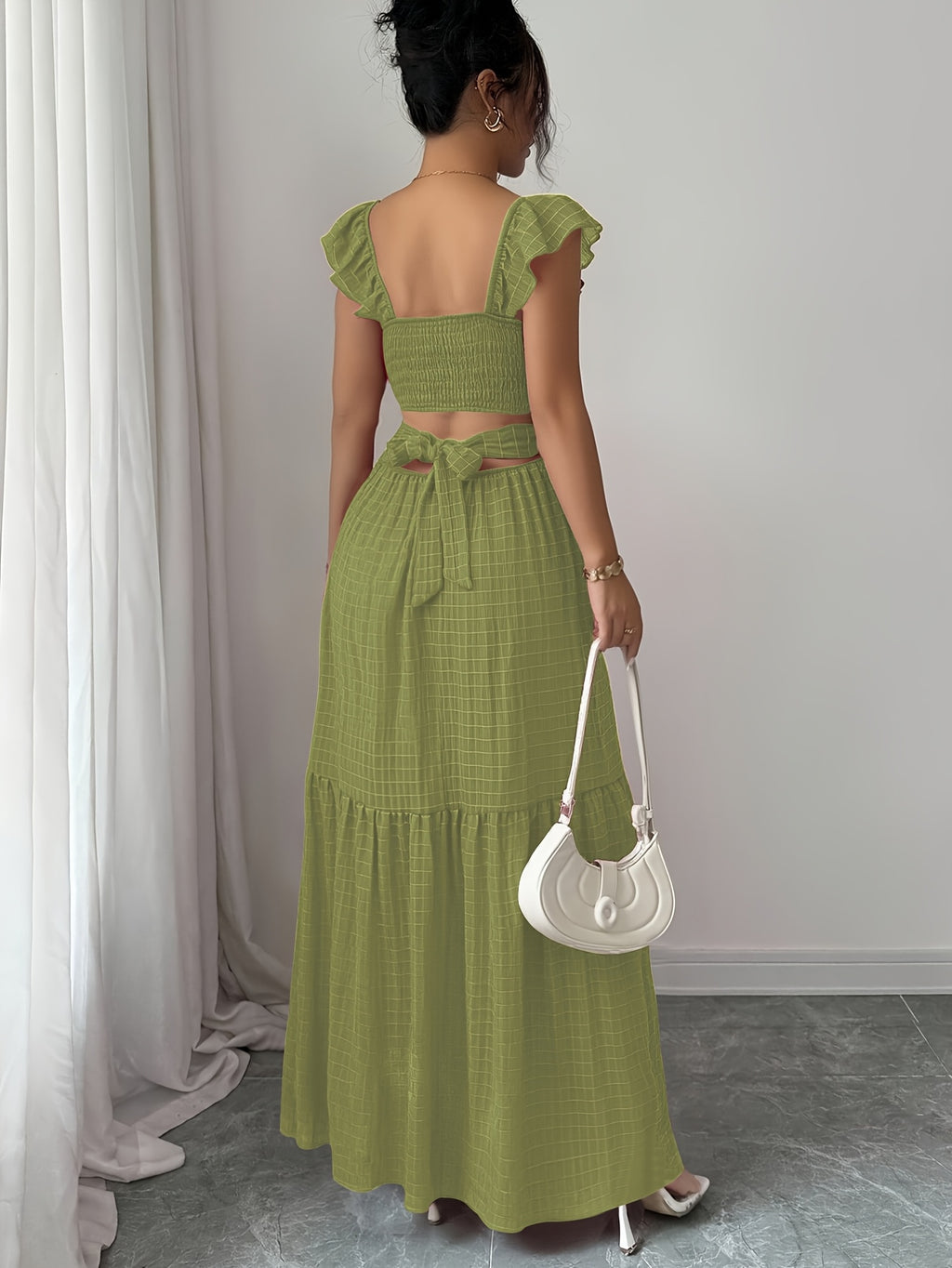 Vintage Red Polka Dot Square Neckline Ruffle Hem Dress with Backless Bow Waist Tie and Flared Skirt, Vacation Style Women's Dress - Light Green