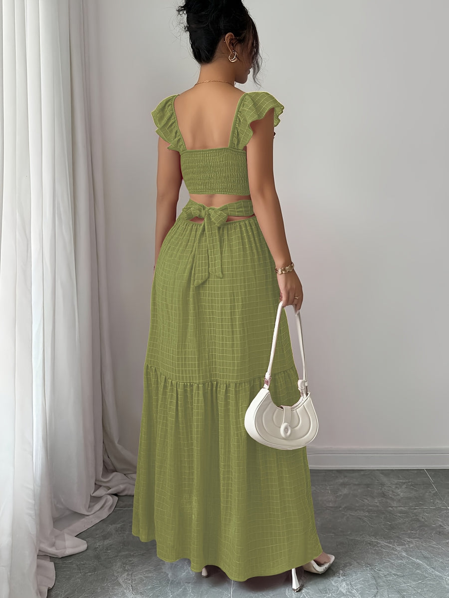 Vintage Red Polka Dot Square Neckline Ruffle Hem Dress with Backless Bow Waist Tie and Flared Skirt, Vacation Style Women's Dress - Light Green