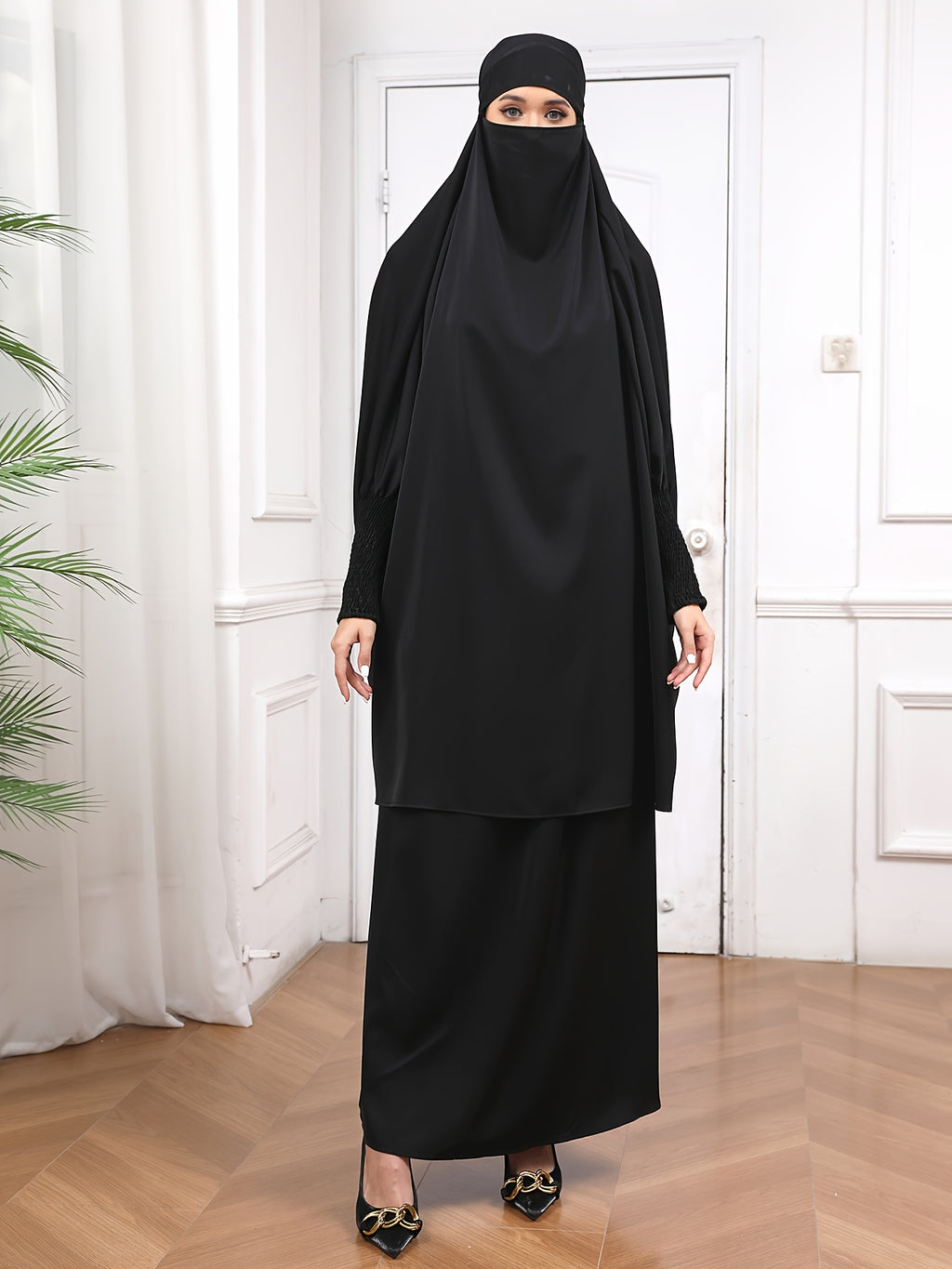 YT220 Women'S Traditional Arabic Long Robe, Long Batwing Sleeves, Loose Fit for All Seasons, Muslim Nida Headscarf Dress, Abaya Long Skirt with Hijab, Islamic Long Robe for Dubai Wedding Prayer Outfit, 2pcs Set - Black