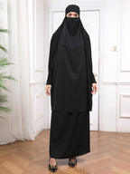YT220 Women'S Traditional Arabic Long Robe, Long Batwing Sleeves, Loose Fit for All Seasons, Muslim Nida Headscarf Dress, Abaya Long Skirt with Hijab, Islamic Long Robe for Dubai Wedding Prayer Outfit, 2pcs Set - Black