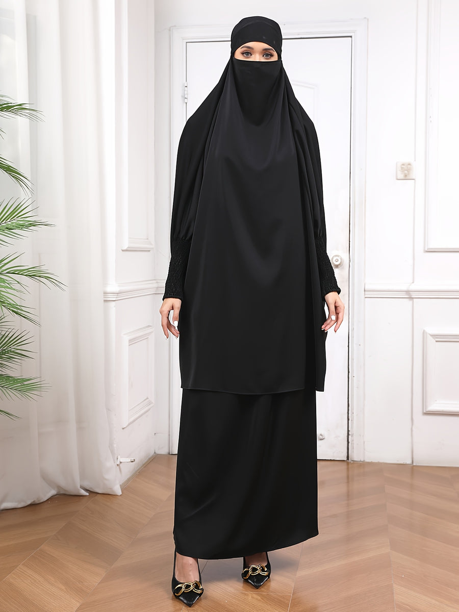YT220 Women'S Traditional Arabic Long Robe, Long Batwing Sleeves, Loose Fit for All Seasons, Muslim Nida Headscarf Dress, Abaya Long Skirt with Hijab, Islamic Long Robe for Dubai Wedding Prayer Outfit, 2pcs Set - Black