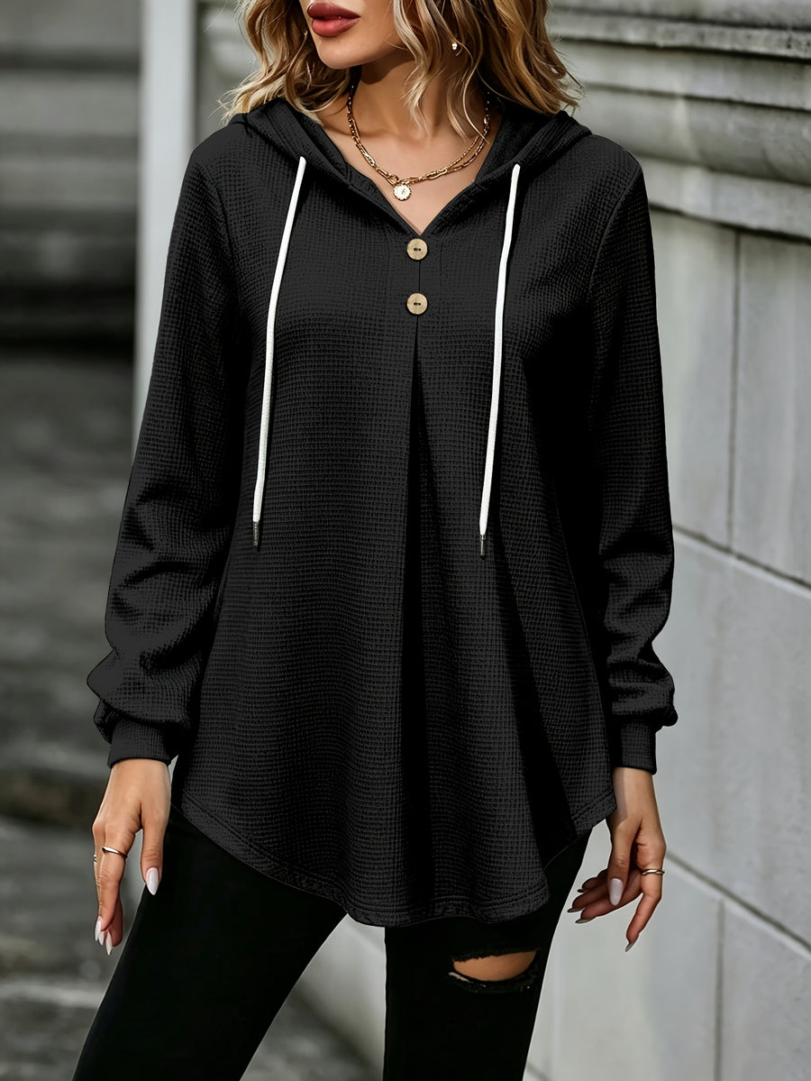 Waffle- Women's Sweatshirt with a Button- Placket at the Hooded Neckline, Creating a and Stylish Look. A Casual yet Elegant Hooded Sweatshirt—fashionable and Versatile - Black