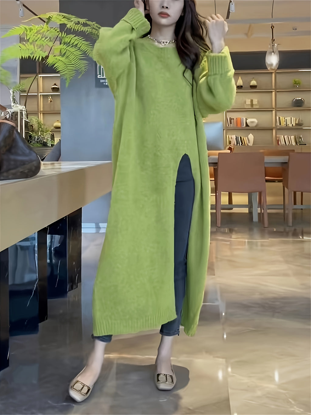 Autumn Winter Lazy Style Round Neck Pullover Sweater Dress For, Loose Over-The-Knee Mid-Length Side Slit Dress - Green