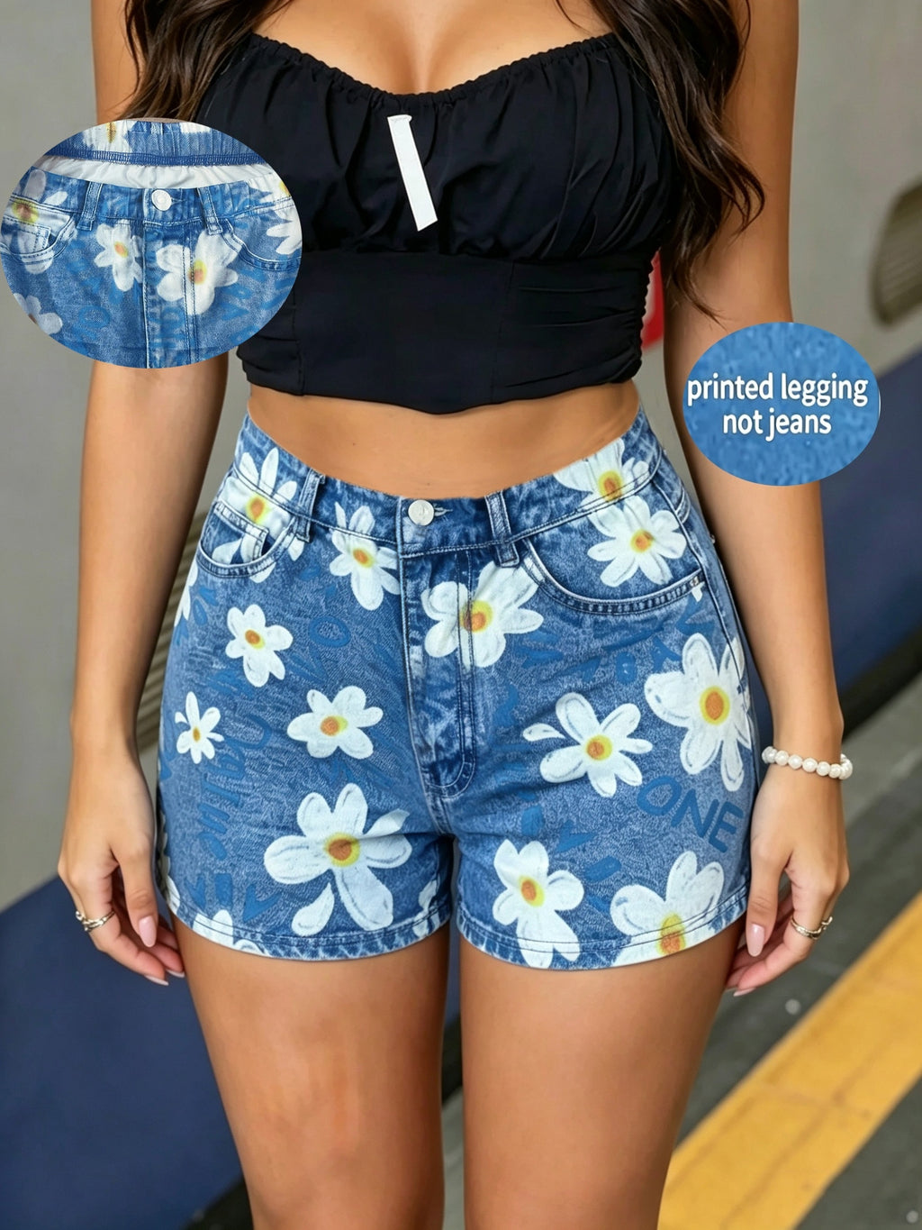 [Printed Pants - Not Faux Denim Fabric]Printed Pants - Not Faux Denim Fabric High-Waist High-Stretch Imitation Faux Denim Floral Print Tight Shorts Leggings - Royal Blue