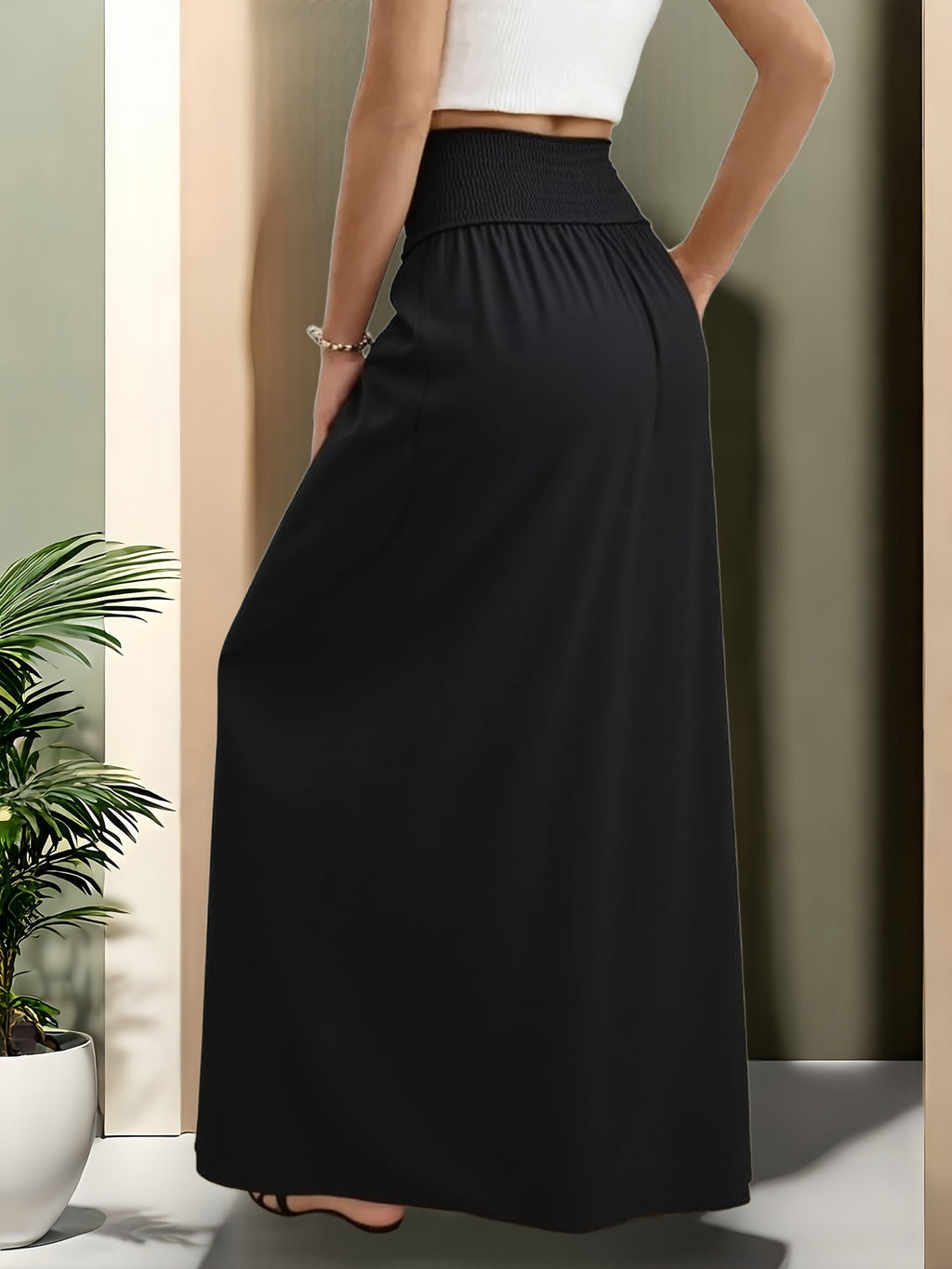 Ladies' Elegant High-Waisted Solid Color Skirt with Elastic Waistband and Pockets - Versatile Midi Summer Dress, Machine Washable, Suitable for Holiday Casual or Office Wear - Beach Outing - Opaque Material - Black