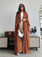Middle Eastern Muslim Solid Color Loose Robe with Batwing Sleeves, Long Dubai Cardigan with Headscarf - Brick Red