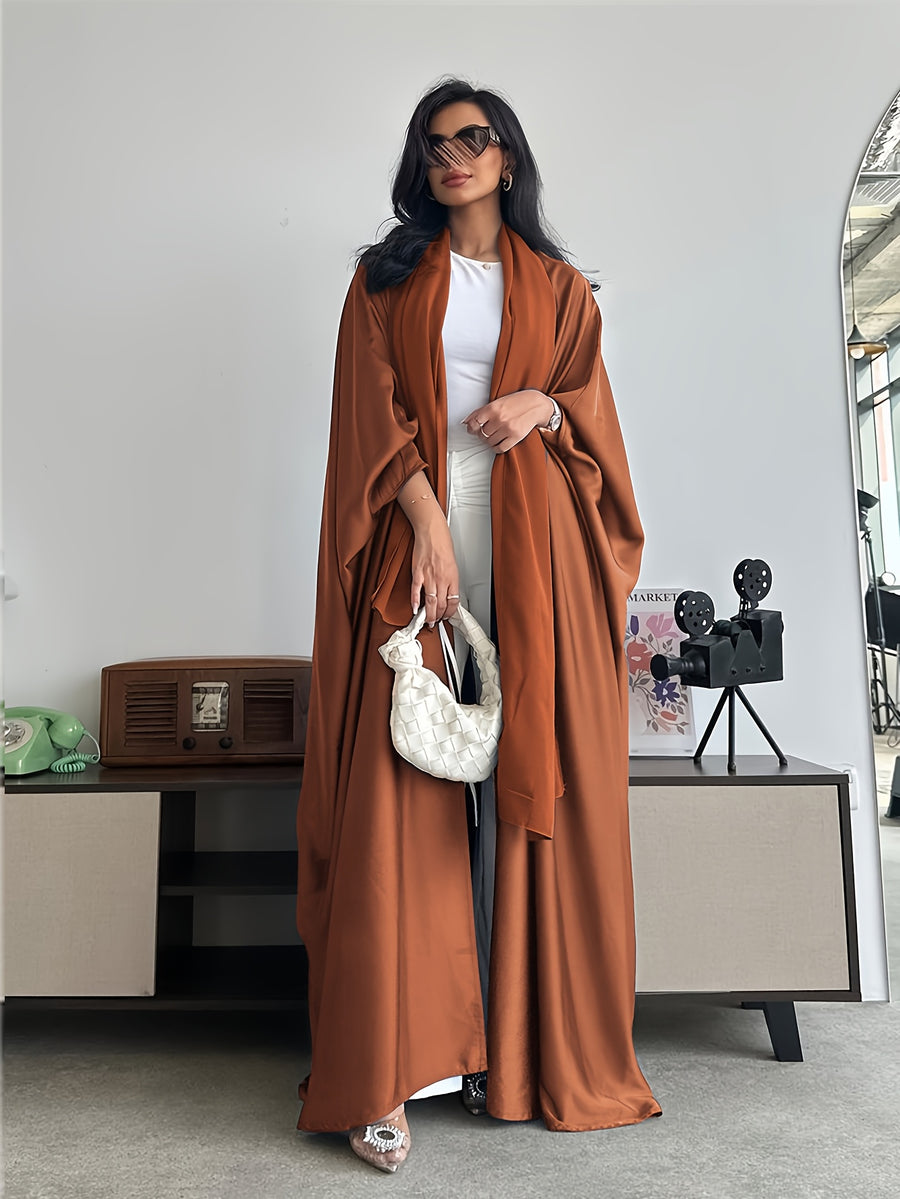 Middle Eastern Muslim Solid Color Loose Robe with Batwing Sleeves, Long Dubai Cardigan with Headscarf - Brick Red