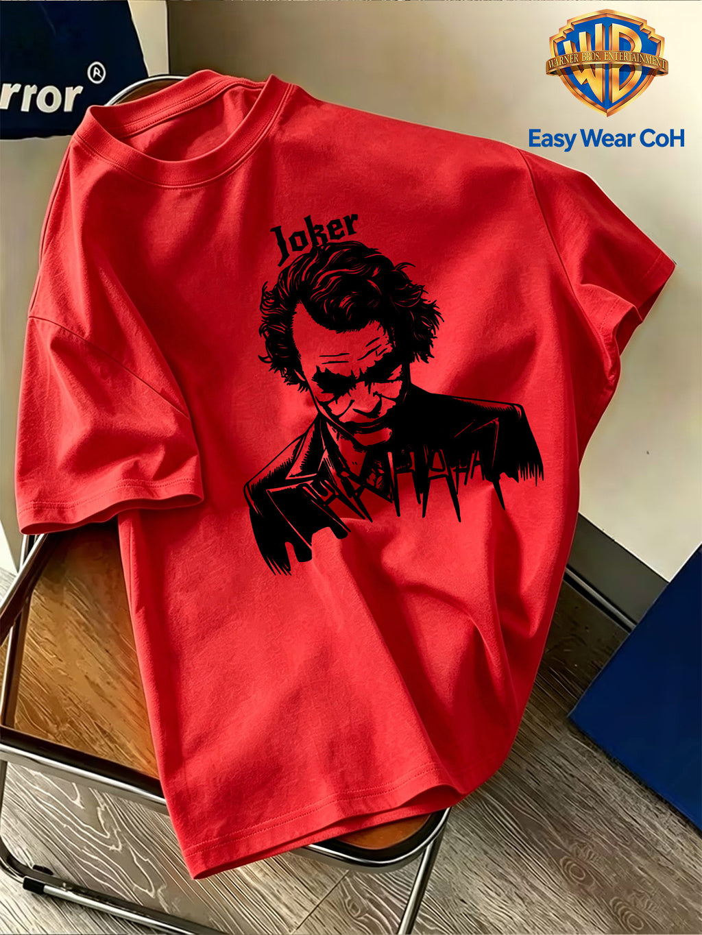Warner Official Licensed Men'S New Front Back Print Round Neck Short Sleeve T-Shirt, Hand-Drawn Sketch Style Joker JOKER Black And White Sketch HA HA Laughing Element Line Print Design, Breathable Skin-Friendly Soft Fabric - Red