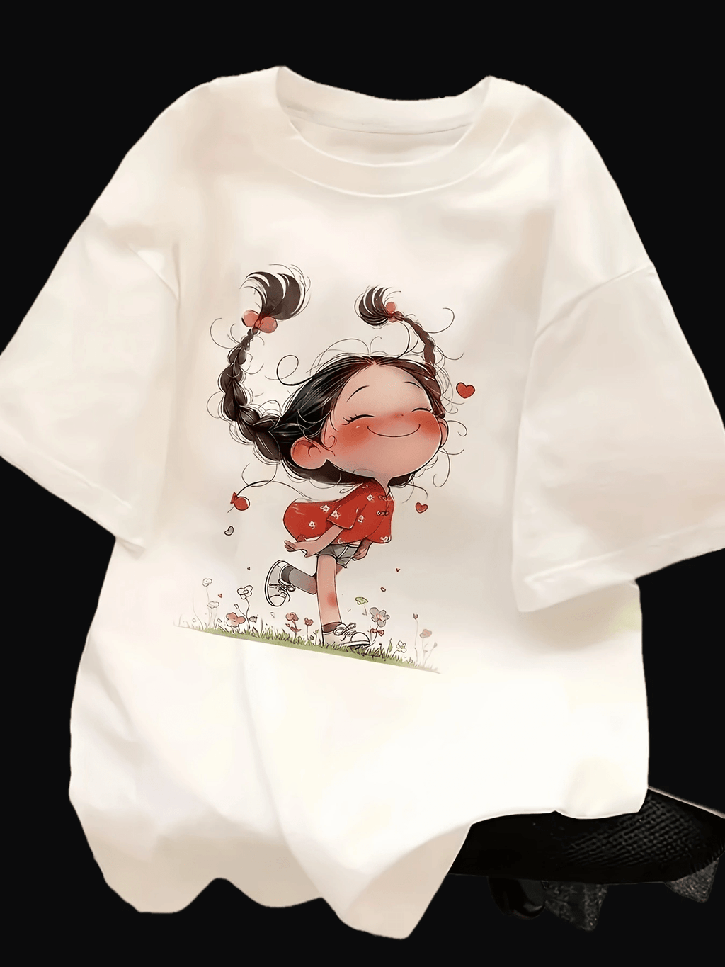 Women's Cute Little Print T-Shirt, 95% Polyester + 5% Spandex, Cartoon, Loose Fit, Casual, , T-Shirt for Women - White