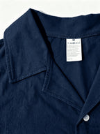 Old Money Style Men's Cuban Collar Short Sleeve Shirt, Linen Texture, Lightweight and Breathable Outdoor Casual Shirt - Navy Color