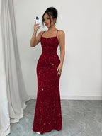 Elegant Red Bling Bling Backless Wedding Bridesmaid Dress - Off-Shoulder/ Neck Long Formal Dress with Lace-Up Back, Sleeveless Bodycon Party Dress Suitable for Prom, Christmas, Holiday Events - Burgundy