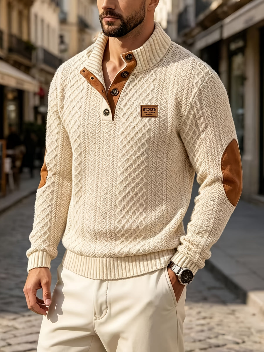 Men'S Casual Sports Sweater, Knit Sweater, American Casual Textured Diamond Knit Top, Men'S Stand Collar Contrast Color Button-Up Loose All-Match Retro Velvet Sweater Jacket, Autumn Winter Casual Sweater, Multi-Color Available - Khaki