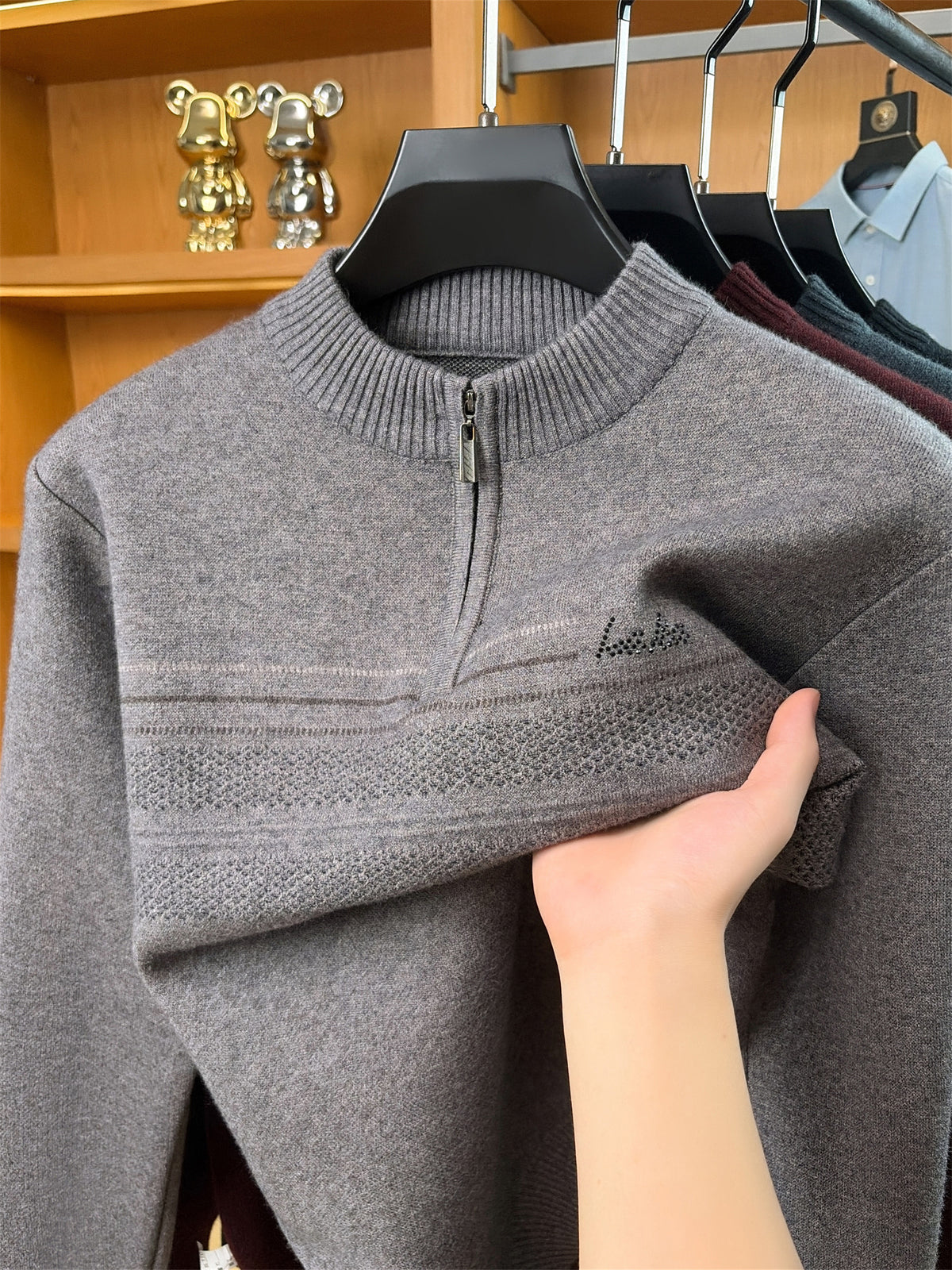 Autumn Winter Knit 3D Solid Round Neck Half-Zip Sweater, Basic Knit Pullover Top for Men, Fashionable Long Sleeve HJ - Camel