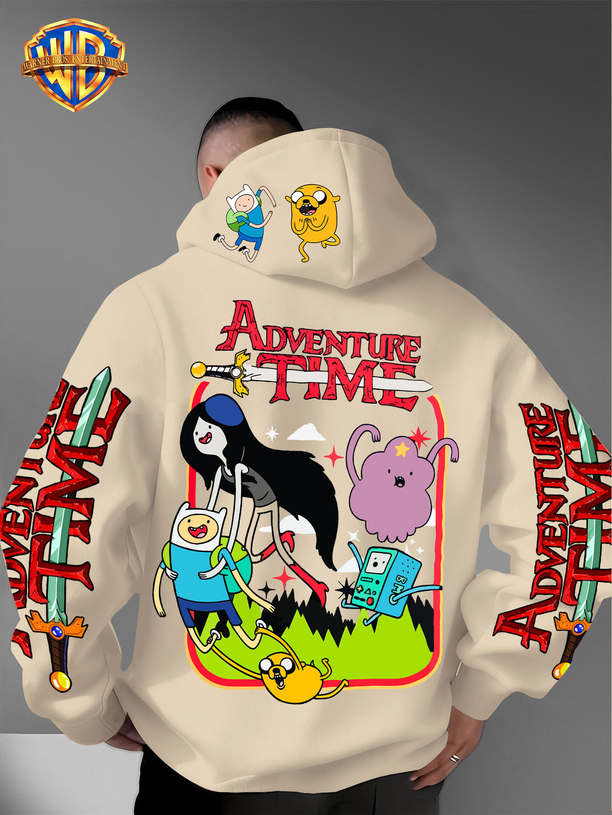 Warner Bros. Adventure Time Large Back Print, Hooded Sweatshirt with Hat Design Pattern, Multifunctional Street Style Men's Hoodie, Comfortable and Casual, Suitable for Autumn and Winter Wear - Apricot